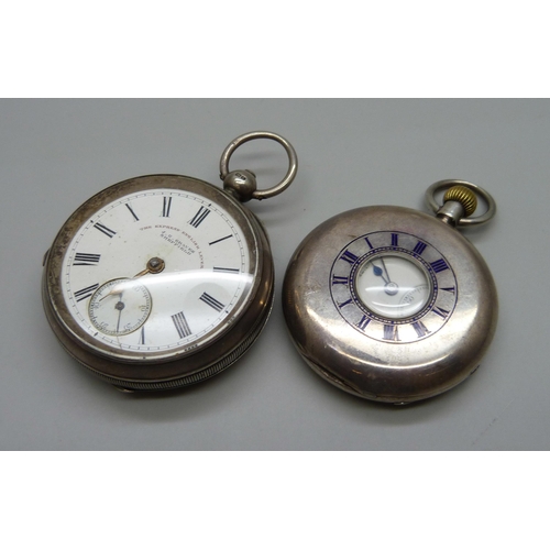 1043 - A silver cased top-wind half-hunter pocket watch, the dial marked Rossi, Norwich, and a silver cased... 