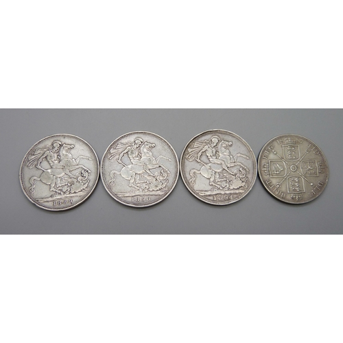 1046 - Coins; an 1887 double florin, (Arabic), 1889 and 1890 Jubilee head crowns and an 1894 veil head crow... 