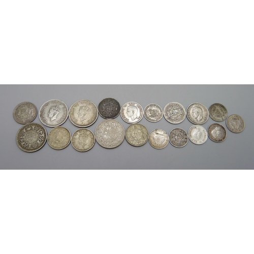 1048 - A collection of silver colonial coins, 4x India, ½ rupee (1941-44), 4x ¼ rupee (1940, 43, 44, 45), 7... 