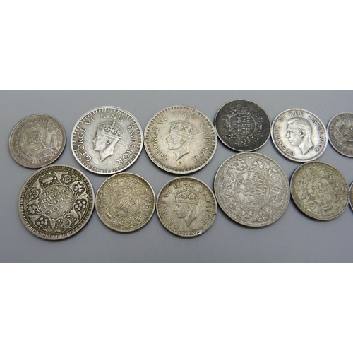 1048 - A collection of silver colonial coins, 4x India, ½ rupee (1941-44), 4x ¼ rupee (1940, 43, 44, 45), 7... 