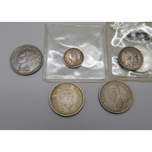 1049 - Coins; Indian silver, 1893 2 annas, ½ rupees, 1840, 1908, 1914 and 1944