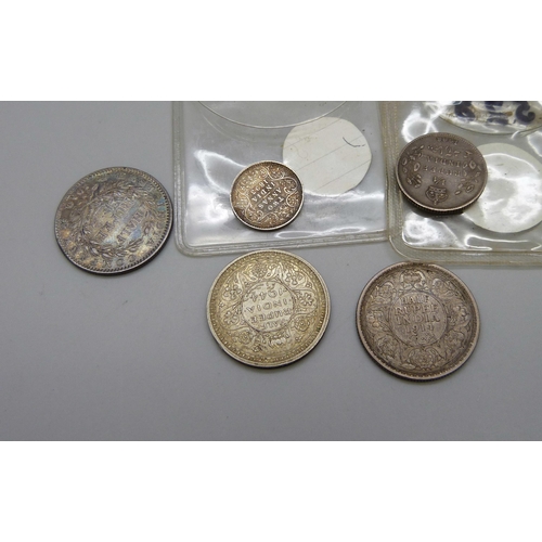 1049 - Coins; Indian silver, 1893 2 annas, ½ rupees, 1840, 1908, 1914 and 1944