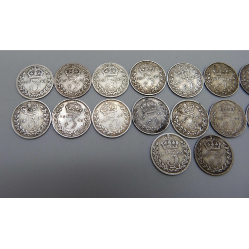 1051 - Twenty Victorian silver 3d coins including 1893 Jubilee head