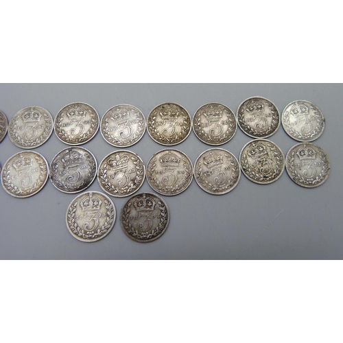 1051 - Twenty Victorian silver 3d coins including 1893 Jubilee head