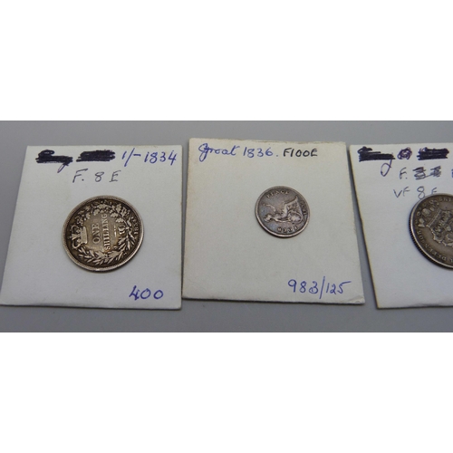 1053 - Four coins; 1834 shilling, 1836 sixpence, 1836 groat and an 1826 shilling