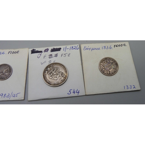 1053 - Four coins; 1834 shilling, 1836 sixpence, 1836 groat and an 1826 shilling