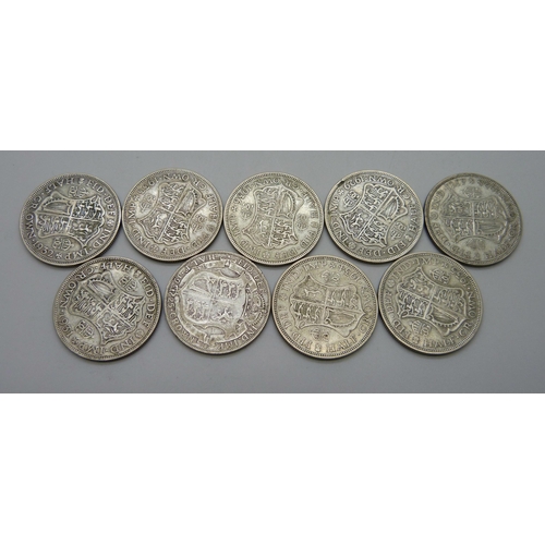 1054 - Nine silver half-crowns including scarce 1925, 125.8g