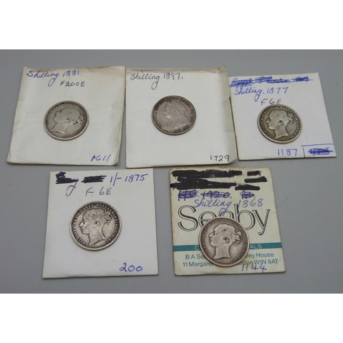 1056 - Five Victorian shillings, 1868, 1875, 1877, 1881 and 1897