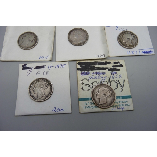 1056 - Five Victorian shillings, 1868, 1875, 1877, 1881 and 1897