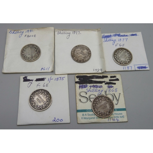 1056 - Five Victorian shillings, 1868, 1875, 1877, 1881 and 1897