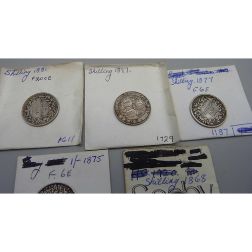 1056 - Five Victorian shillings, 1868, 1875, 1877, 1881 and 1897