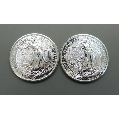 1057 - Two 2016 1oz. .999 fine silver Britannia £2 coins, 62.3g