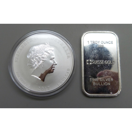 1062 - A 2017 silver proof 1oz. 9999 fine silver Year of the Rooster 1 dollar coin, Perth mint, and a 2012 ... 