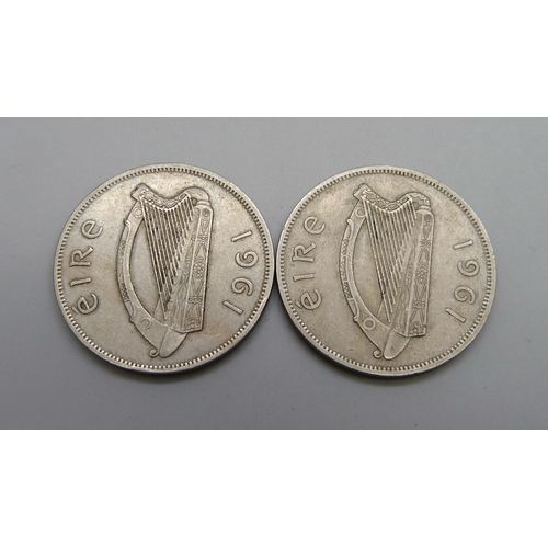 1064 - A 1961 Irish mule half-crown, (scarce), with one other 1961 half-crown, (for comparison)