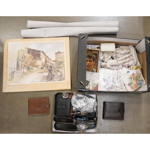 1065 - Loose stamps, two unframed oils, a Russell-Flint print, etc. **PLEASE NOTE THIS LOT IS NOT ELIGIBLE ... 