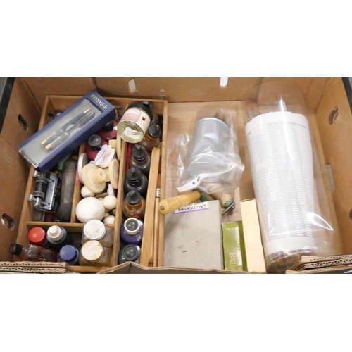 1066 - A box of art materials including paint box, lino-cutting tools and a tube of paint brushes **PLEASE ... 