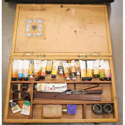 1066 - A box of art materials including paint box, lino-cutting tools and a tube of paint brushes **PLEASE ... 