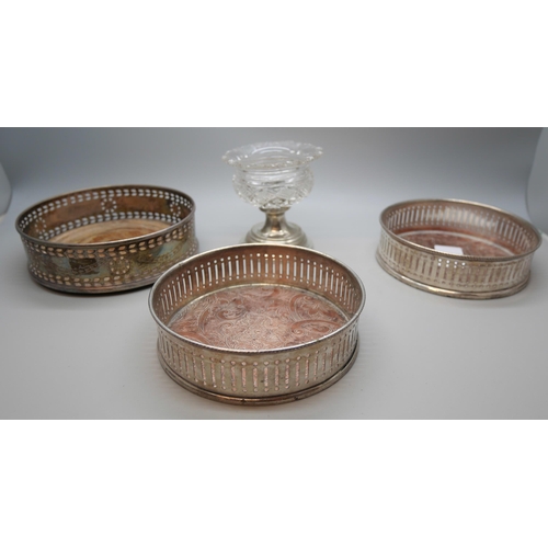 1070 - Three silver plated wine coasters and a glass bowl with white metal base **PLEASE NOTE THIS LOT IS N... 