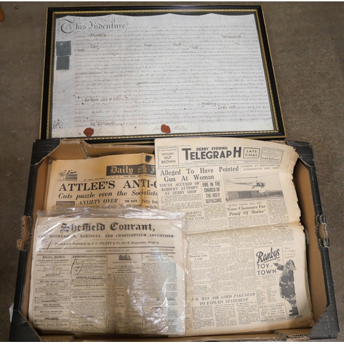 1072 - Two Indentures, one framed, a copy of an 1828 copy of Sheffield Courant newspaper and other newspape... 