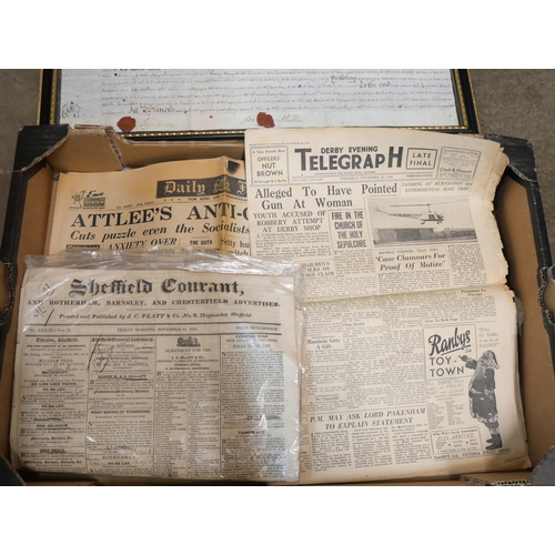 1072 - Two Indentures, one framed, a copy of an 1828 copy of Sheffield Courant newspaper and other newspape... 