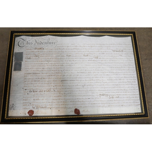 1072 - Two Indentures, one framed, a copy of an 1828 copy of Sheffield Courant newspaper and other newspape... 