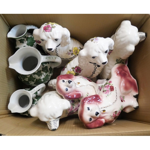 1076 - Three pairs of Staffordshire spaniels, three graduated ivy decorated jugs and a miniature teapot **P... 