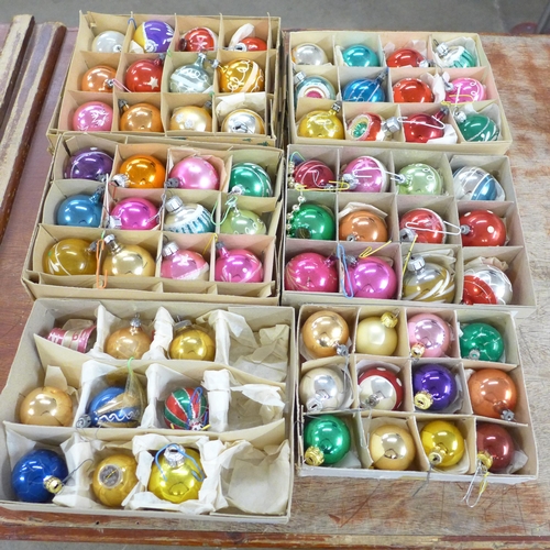 1084 - Six boxes of vintage Christmas decorations, 56 in total, two enamel egg ornaments, a Status Quo blue... 