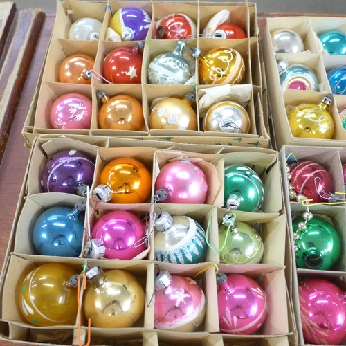 1084 - Six boxes of vintage Christmas decorations, 56 in total, two enamel egg ornaments, a Status Quo blue... 