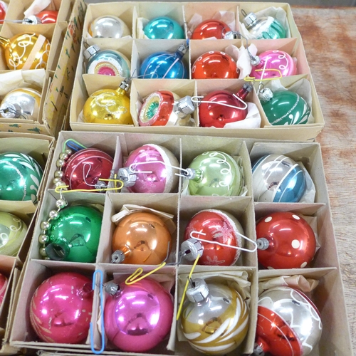 1084 - Six boxes of vintage Christmas decorations, 56 in total, two enamel egg ornaments, a Status Quo blue... 