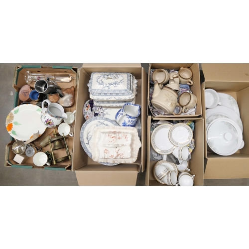 1088 - Five boxes of china; Edwardian tea set, Denby dinnerwares, a box of mixed china, Royal Albert Crown ... 