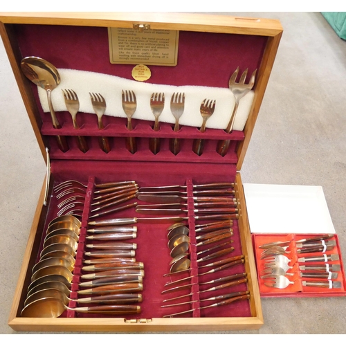 1095 - A bronze and wooden handled canteen of cutlery and a box of pastry knives and forks **PLEASE NOTE TH... 