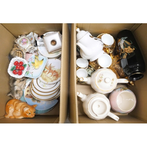 1104 - Two boxes of mixed china; decorative vases, Continental and Italian teawares, cat figures, etc. **PL... 