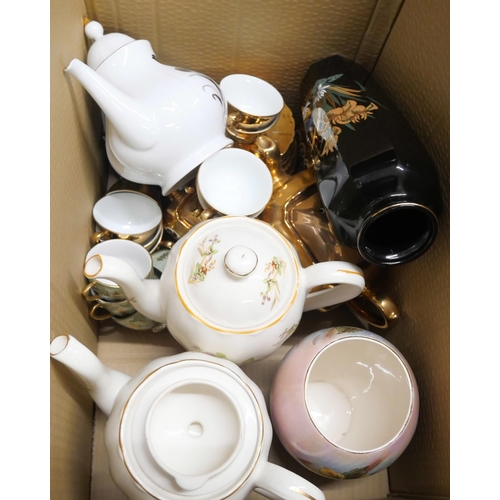 1104 - Two boxes of mixed china; decorative vases, Continental and Italian teawares, cat figures, etc. **PL... 