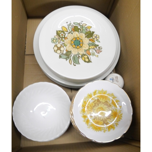 1111 - A box of mixed retro tea and dinnerwares including Royal Doulton Forest Flower, Royal Standard and P... 