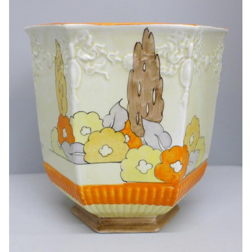 601 - A Clarice Cliff Capri jardinière, 15cm, chip to rim, star crack to base