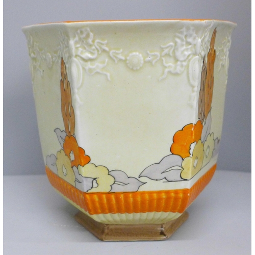 601 - A Clarice Cliff Capri jardinière, 15cm, chip to rim, star crack to base