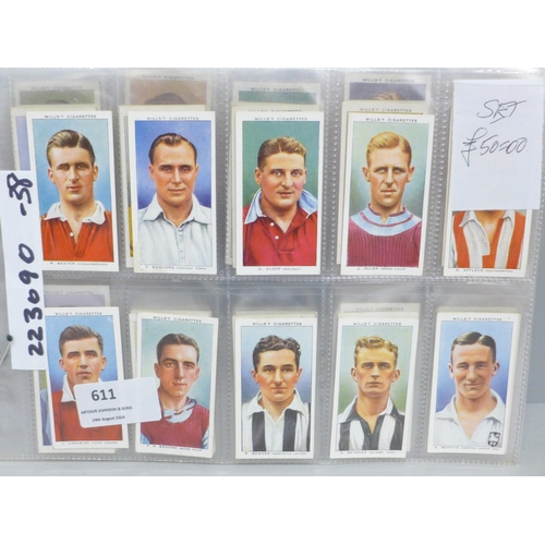 611 - Cigarette cards; 11 complete Wills sets, including football, Celebrated Ships, ARP, Speed, Floral, e... 