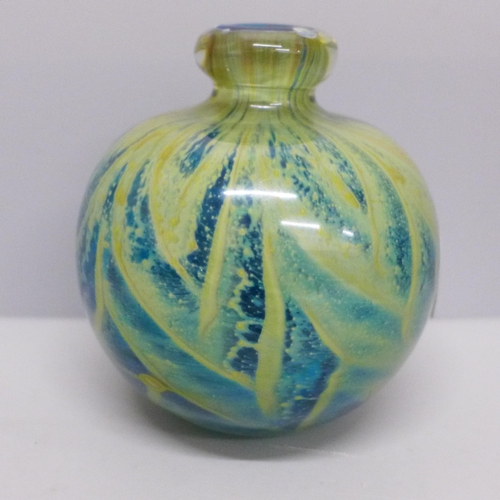 612 - A Mdina glass scent bottle, Azure sea and sand, lacking stopper, designed by Michael Harris, 9.5cm