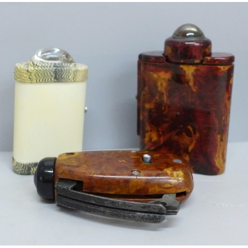 619 - A WWII period Bakelite cased dynamo torch (seen working) and two other torches, one marked Grosvenor... 