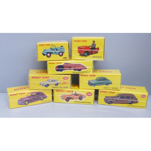 639 - Eight boxed and sealed Dinky Toys, Norev France issues, model numbers: 23D, 24U, 39A, 25J, 104, 182,... 