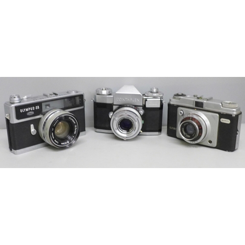 642 - Three 35mm cameras; Olympus-35LE, Zeiss Icon Contaflex and Ilford Sportsman