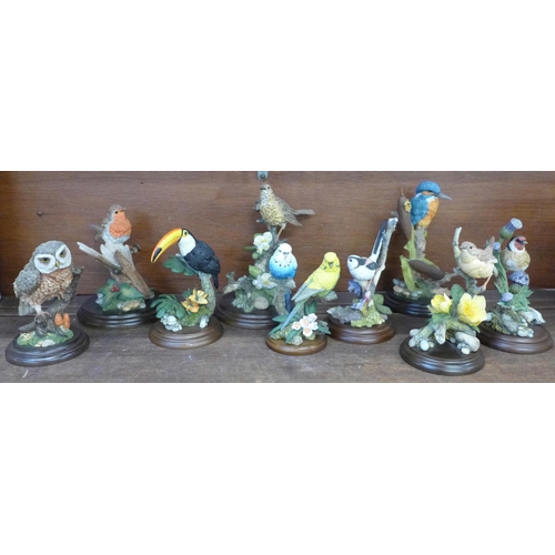 665 - A collection of nine Country Artists sculptures of birds, including Goldfinch with Thistles, Owl, Ki... 