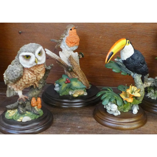 665 - A collection of nine Country Artists sculptures of birds, including Goldfinch with Thistles, Owl, Ki... 