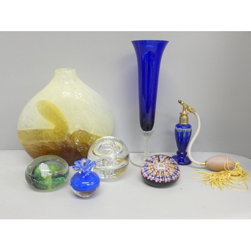 674 - Assorted glass; paperweights, Bristol blue glass vase, scent bottle, etc.