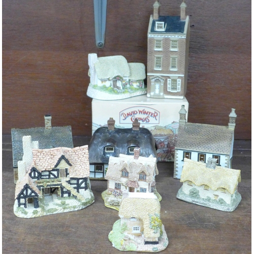 675 - Four Denby Village model houses/cottages, two a/f and five other model cottages including David Wint... 