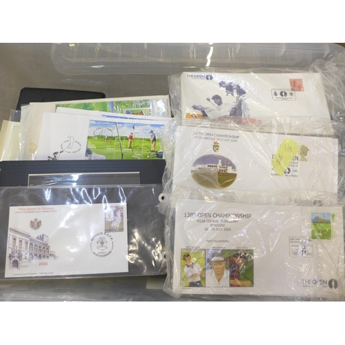 711 - Golf; box full of stamps, covers and cards relating to golf with an all world selection but mainly c... 