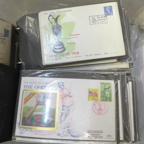 711 - Golf; box full of stamps, covers and cards relating to golf with an all world selection but mainly c... 