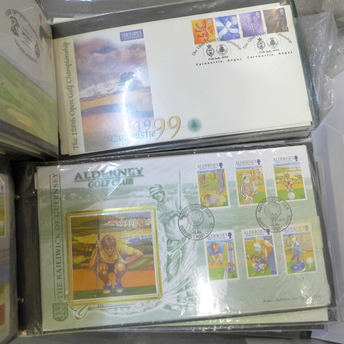 711 - Golf; box full of stamps, covers and cards relating to golf with an all world selection but mainly c... 