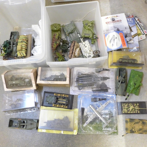 712 - Two boxes of die-cast military aircraft and vehicles, boxed and loose