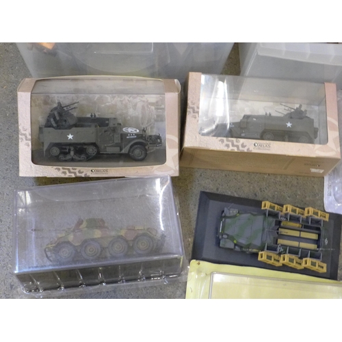 712 - Two boxes of die-cast military aircraft and vehicles, boxed and loose